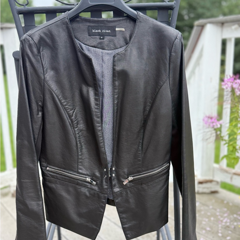 Black Rivet Black Leather Jacket with Quilted Details